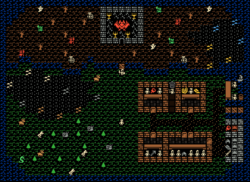 Tile Isle overworld with coastlines, buildings, characters, and resources